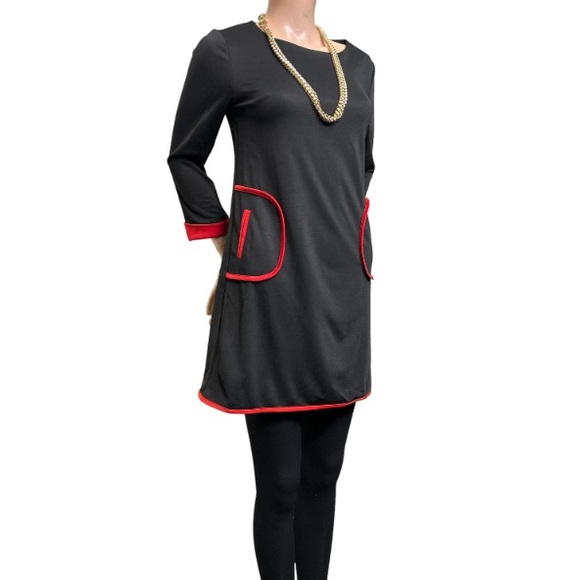 Vintage Mod Mini Dress Black Pockets Color Block Scoop Neck red piping size L - Picture 15 of 17